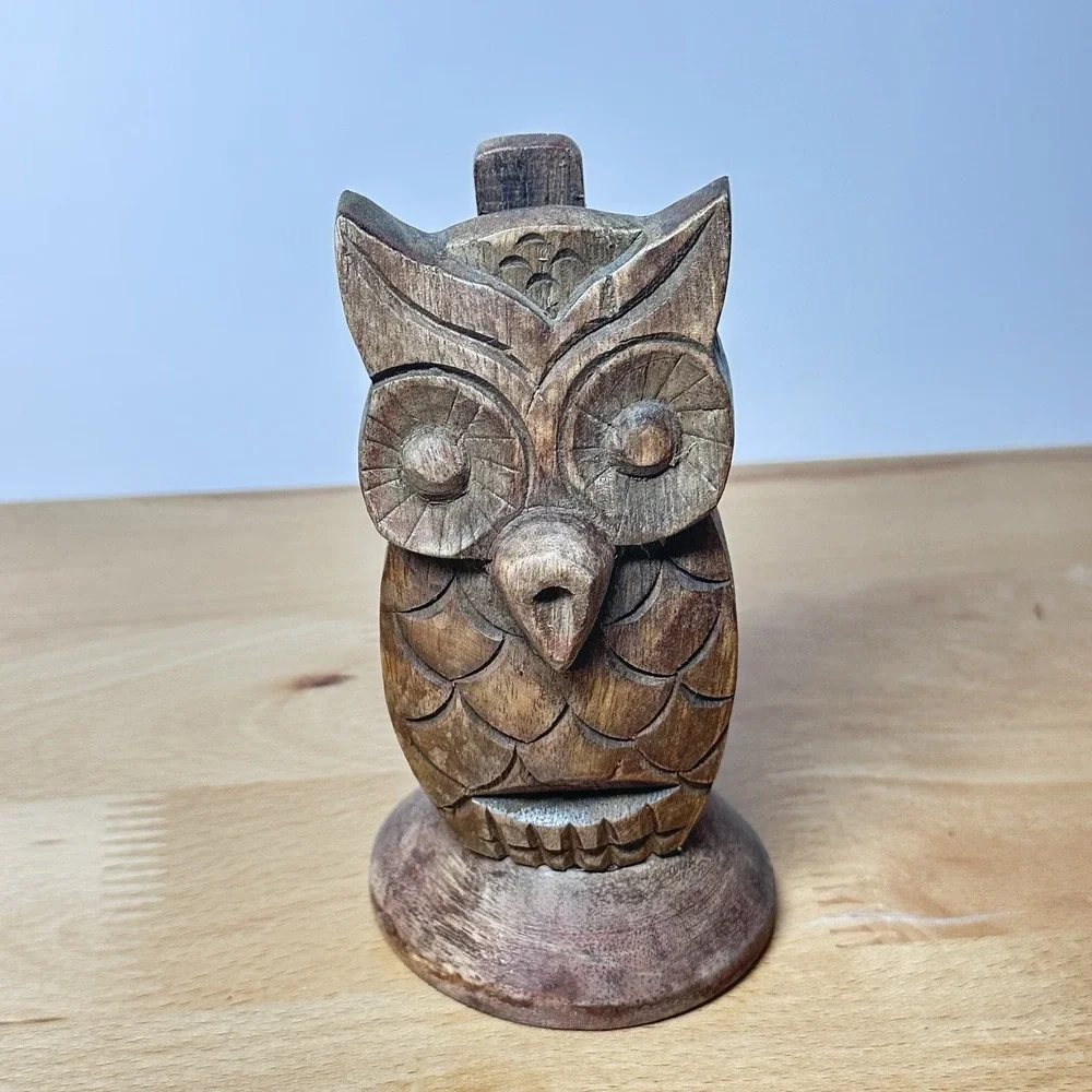 Hand Carved Wooden Wise Owl Figurine Eyeglass Holder Rustic Desk Decor 6